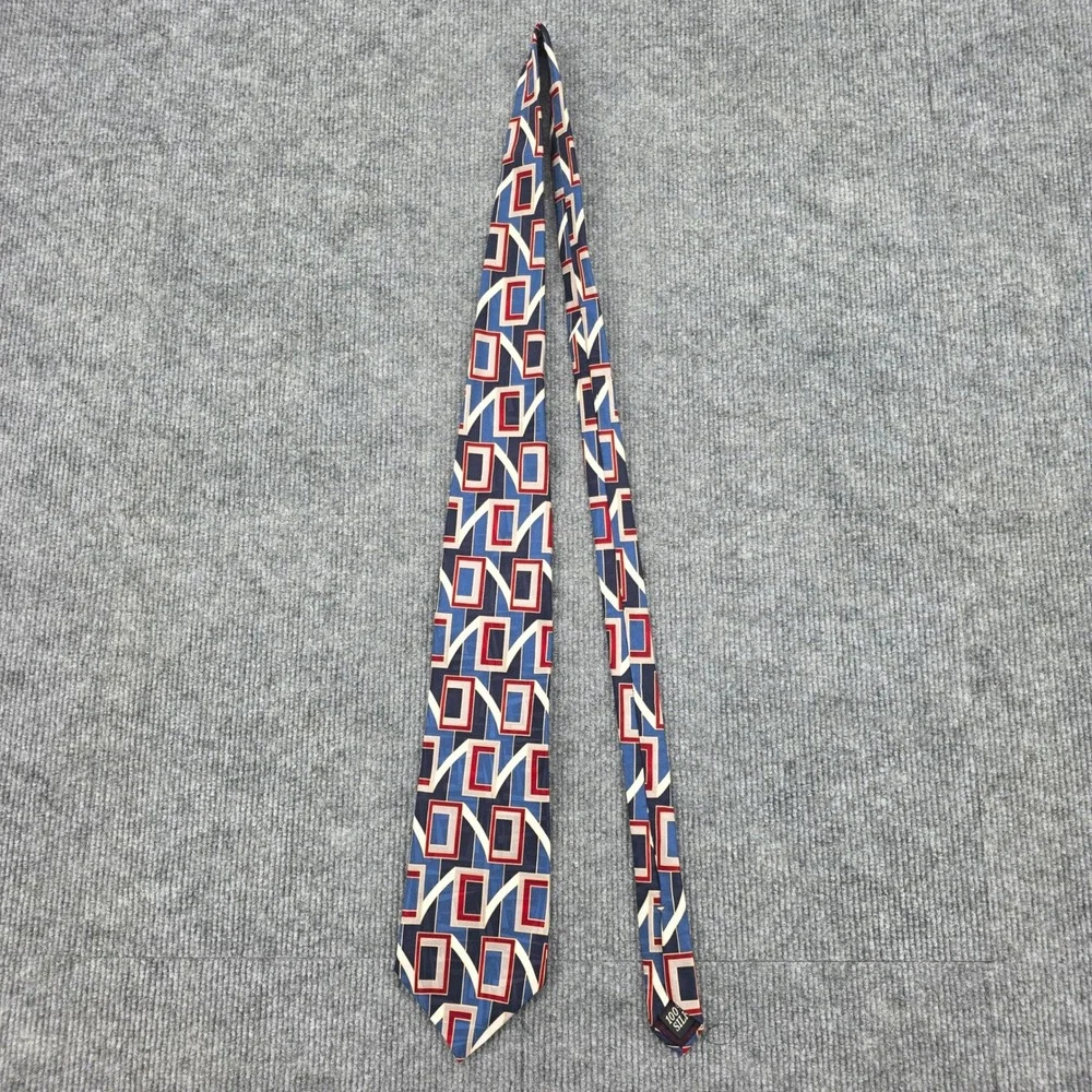 Oscar de la Renta Mens Silk Tie Blue Red Geometric Square Made in USA A67047